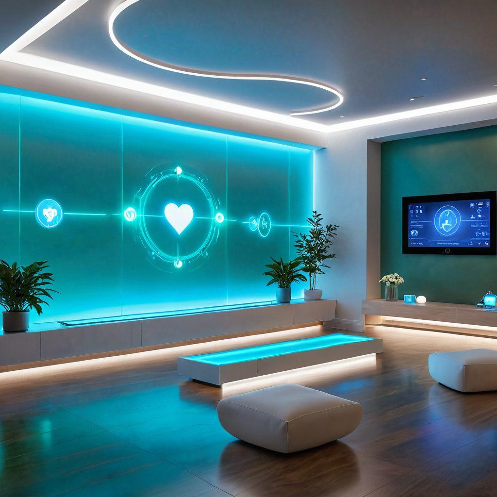 A futuristic digital healthcare scene showcasing a wellness coach interacting with a diverse group of people through holographic displays. Include symbols of health like heart rate monitors, meditation icons, and nutritional guides around them. Create a warm and inviting atmosphere with soothing colors and light. Convey a sense of collaboration and technology integration in wellness. 3D. vibrant colors. futuristic.