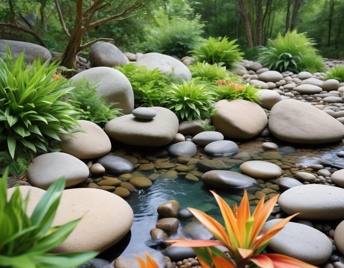 A serene holistic wellness retreat scene, featuring a tranquil environment with lush greenery, diverse individuals practicing yoga and meditation, surrounded by natural elements like rocks and water. Incorporate soothing colors and symbols of holistic health, such as plants and balanced stones. Capture a sense of calm and interconnectedness in the atmosphere. vibrant colors. super-realistic. peaceful ambiance.