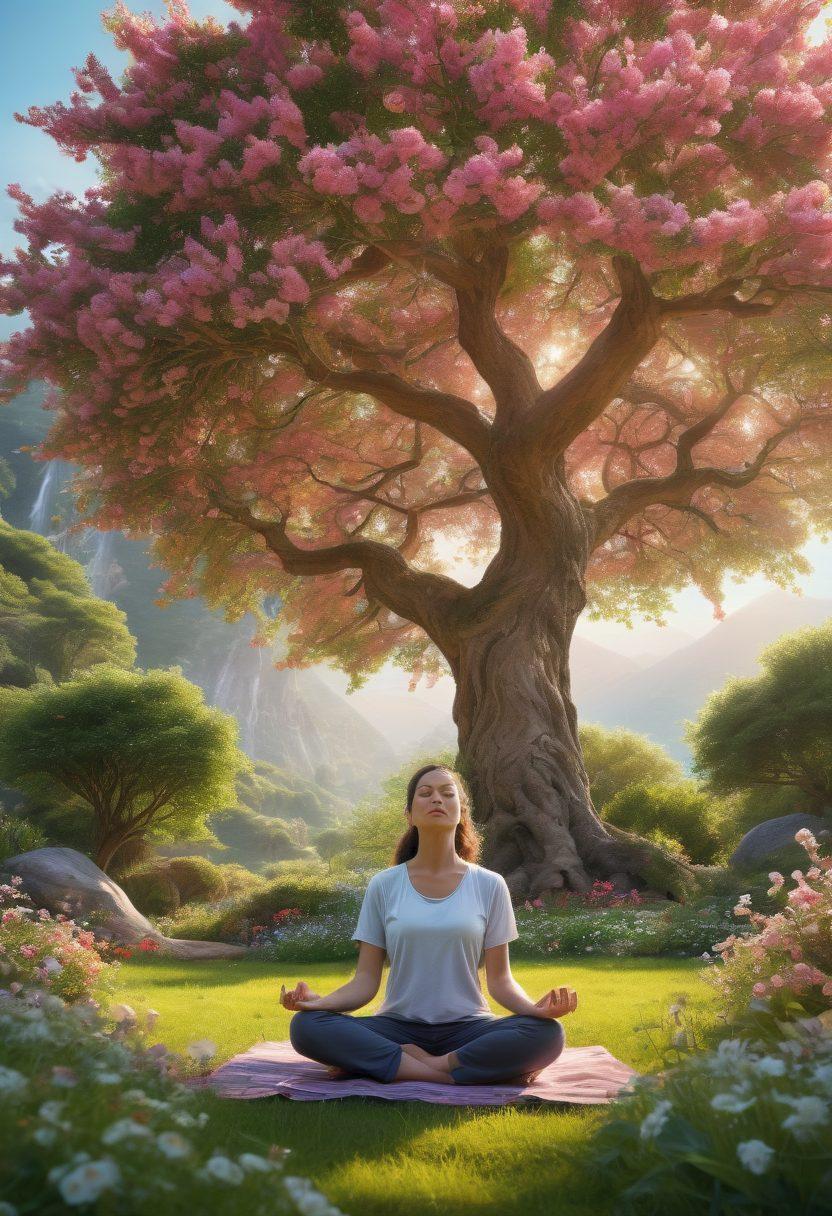 A serene landscape featuring a person meditating under a vividly blooming tree, surrounded by symbols of e-health like smart devices and natural elements such as herbs and crystals. The scene embodies harmony between technology and nature, with soft sunlight filtering through the leaves, casting a warm glow. The overall atmosphere should evoke a sense of peaceful joy and balance. vibrant colors. super-realistic.
